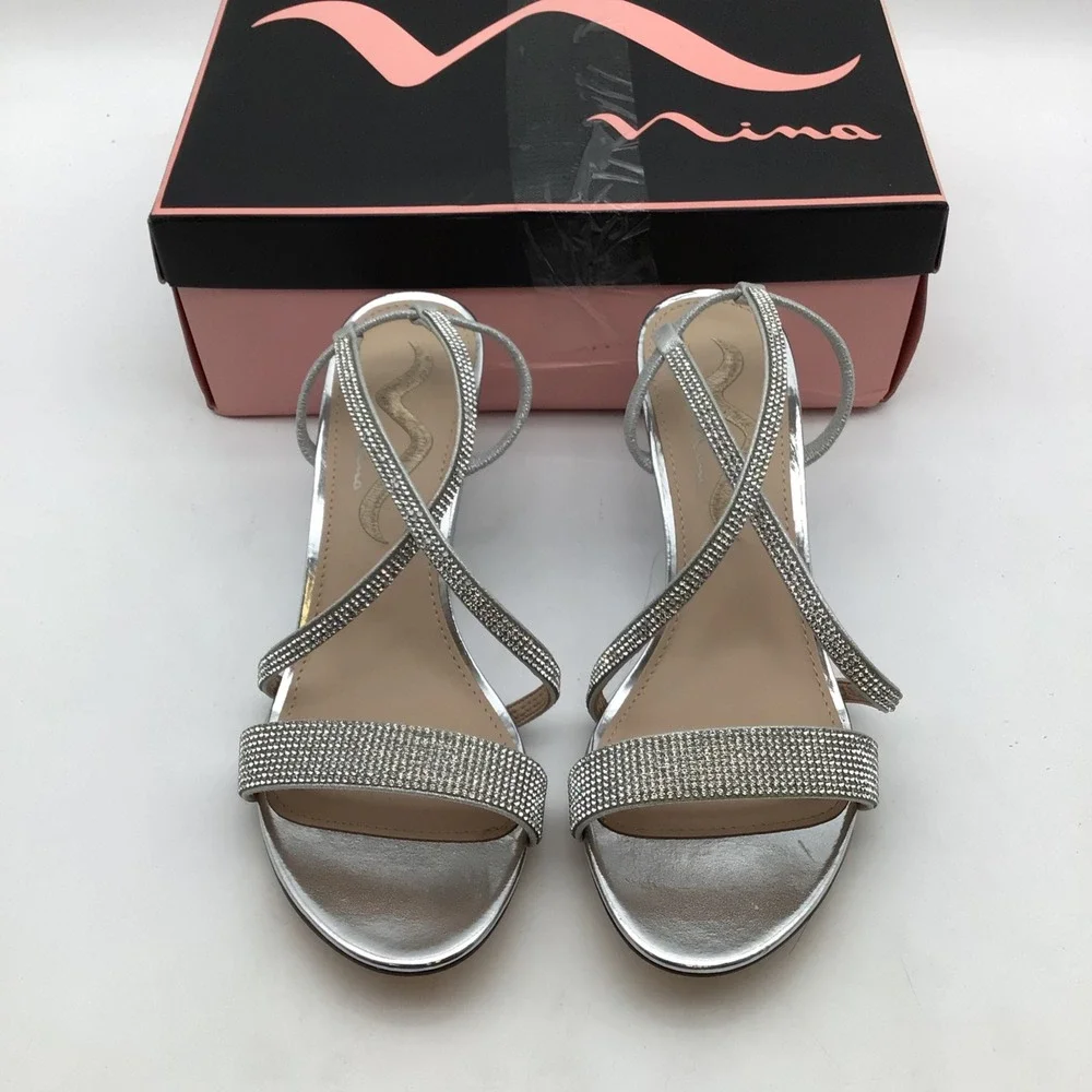 Nina Nixon-FY Silver Rhinestone Wedge Sandals Womens Size 9 M Formal‎ Shoes NEW